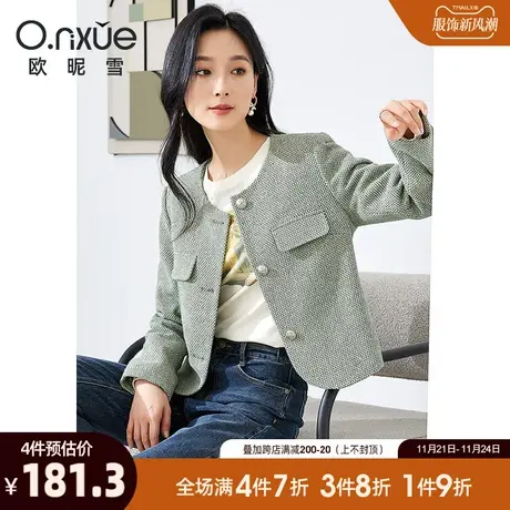 欧昵雪2023冬季新款时尚圆领加厚短款呢子外套女长袖直筒通勤上衣商品大图