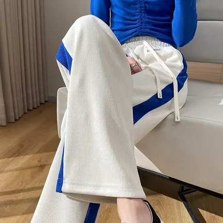 米白色运动阔腿裤女宽松休闲春秋灯芯绒垂感显瘦休闲百搭直筒裤薄图片