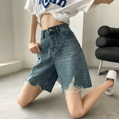 复古毛边破洞牛仔短裤女夏季薄款宽松高腰显瘦五分直筒阔腿裤中裤图片