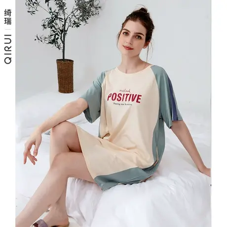 绮瑞睡衣女士夏季薄款短袖纯棉大码甜美睡衣家居服全棉女款中长裙商品大图