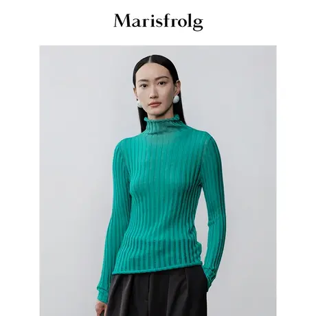 #多巴胺穿搭# 玛丝菲尔冬松石绿竖条纹透视打底羊毛针织衫商品大图