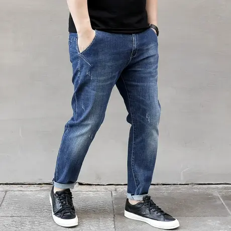 春新款蓝抓痕特大号潮胖子弹力修身小脚加肥加大码男士牛仔裤长裤商品大图