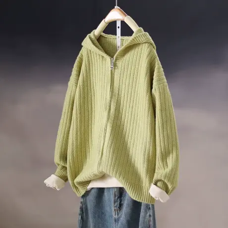 2023春季新款韩版宽松拉链针织衫长袖纯色连帽衫开衫外套女士上衣图片