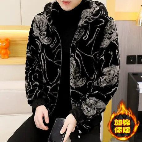 皮草连帽保暖外套男冬季个性潮牌金貂绒棉衣男装痞帅冬款加厚棉服图片