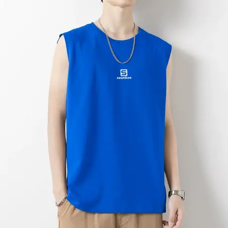克莱因蓝纯棉背心男士夏季外穿跨栏健身篮球全棉无袖t恤运动坎肩商品大图