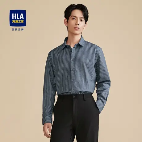 HLA/海澜之家内里磨绒休闲衬衫2023秋冬纯棉色织翻领条纹衬衣男图片