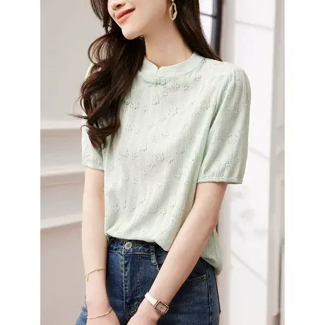 时尚气质国风盘扣短袖衬衫2023年夏季淑女温柔修身显瘦通勤上衣商品大图