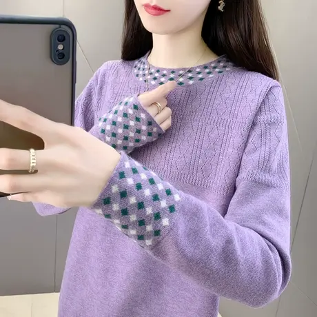 圆领拼色提花法式慵懒风毛衣女春秋季2024新款别致宽松针织衫上衣图片