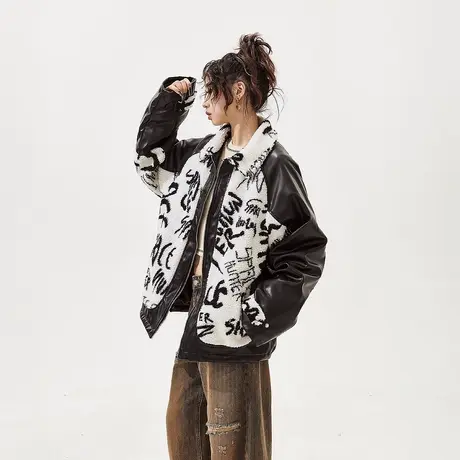 YEP拼接棉服女夹棉冬季PU皮加厚外套2023新款复古涂鸦毛毛棉衣图片
