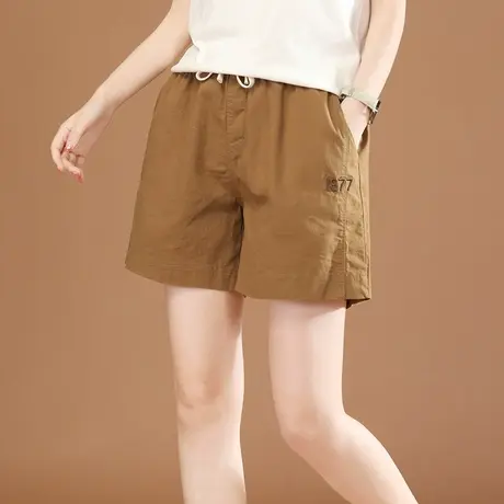 韩潮袭人松紧腰刺绣休闲短裤热裤女2024夏季新款宽松直筒阔腿裤薄商品大图