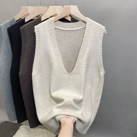马甲背心女外搭2024年秋装新款纯色V领无袖女士毛衣宽松马夹坎肩商品大图