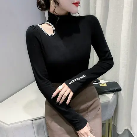 性感镂空打底衫女内搭秋冬洋气露肩修身上衣半高领加厚长袖T恤潮商品大图