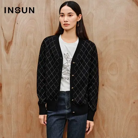 INSUN恩裳线上专选秋季细闪银丝格纹针织开衫商品大图