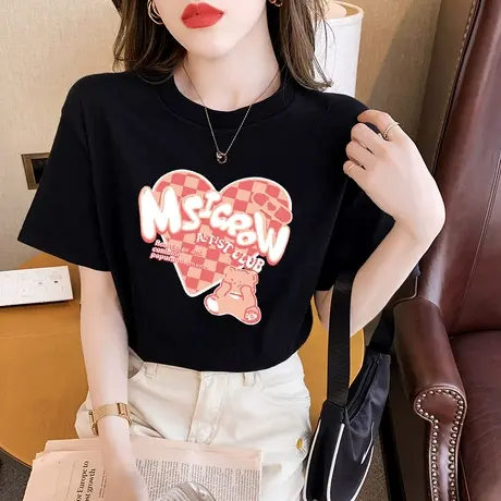 短袖t恤女夏季2023年新款ins潮牌棋盘格爱心体恤纯棉宽松半袖上衣商品大图