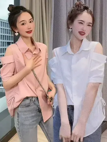 法式温柔风露肩短袖衬衫女春季新款宽松气质设计感小众百搭衬衣潮图片