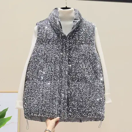 羽绒棉马甲女外穿2023秋冬新款宽松韩版亮片短款棉坎肩马夹外套潮商品大图