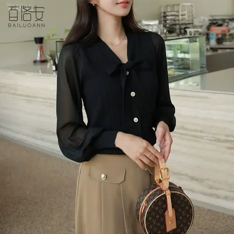 百洛安系带蝴蝶结网纱拼接针织开衫女秋新款百搭显瘦别致长袖上衣图片