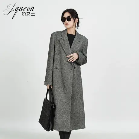灰色毛呢大衣女士秋冬季新款复古高级感中长款加厚人字纹呢子外套商品大图