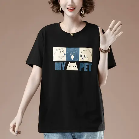 纯棉短袖t恤女夏季新款加肥加大码女装宽松休闲圆领显瘦半袖体恤商品大图