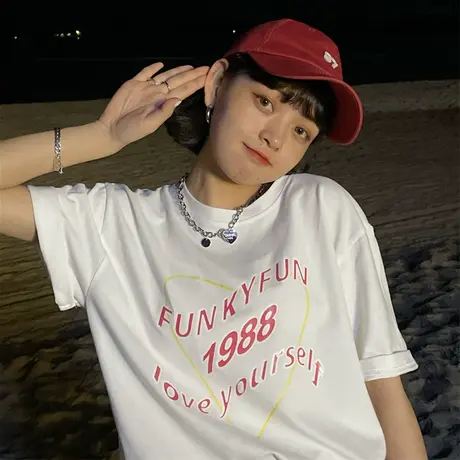 原创~爱心字母港风慵懒宽松百搭ulzzang纯棉短袖半袖T恤女新款ins图片