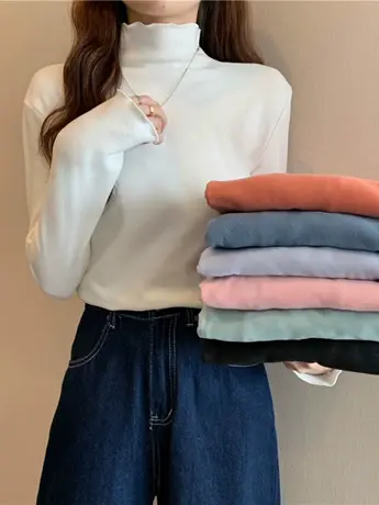 德绒加厚半高领白色t恤女秋冬装2023新款内搭打底衫修身长袖上衣商品大图