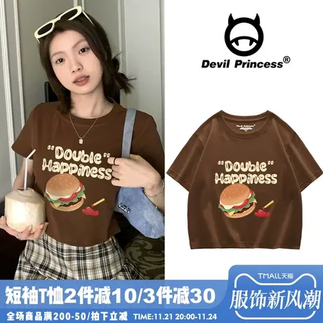 美式学院风复古卡通印花咖啡色短袖女t恤小众超火ins潮牌短款上衣图片