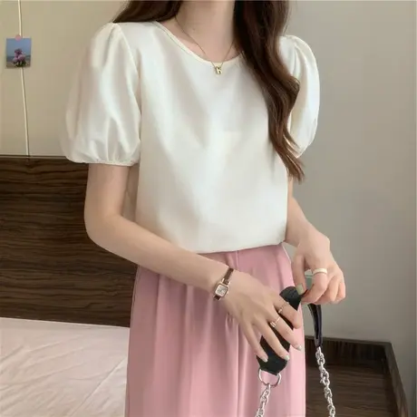 白色短袖t恤女装夏季2024新款宽松韩风chic泡泡袖上衣设计感小众商品大图
