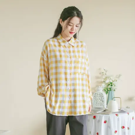 【买一送一】秋新品学院风格纹长袖衬衫大码复古宽松显瘦衬衣商品大图