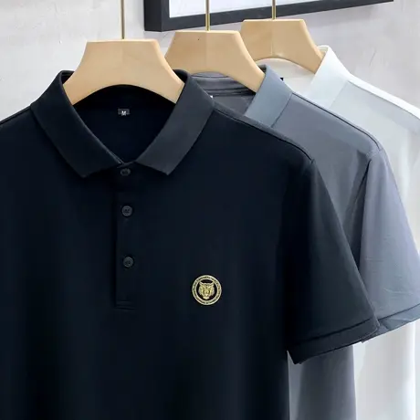 冰丝男士POLO衫短袖T恤2023夏季虎头烫钻欧货潮牌修身翻领保罗衫商品大图