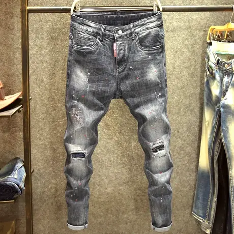 黑灰色牛仔裤男磨白修身弹力小脚裤高端水洗潮牌刮烂泼墨工艺裤子商品大图