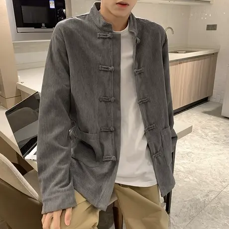 秋冬季灯芯绒长袖衬衫男2023港风复古宽松盘扣中式大码青年潮衬衣商品大图