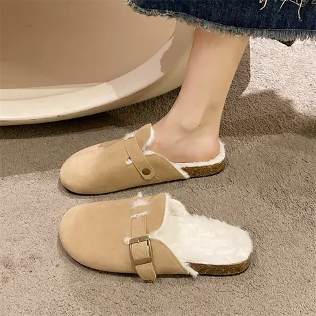 包头半拖鞋女外穿2023年早秋新款可爱温柔法式棉拖平底毛绒毛毛鞋商品大图