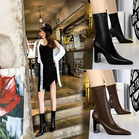 尖头显瘦网红弹力瘦瘦靴2024年秋冬新款百搭漆皮粗跟短靴女袜子靴图片