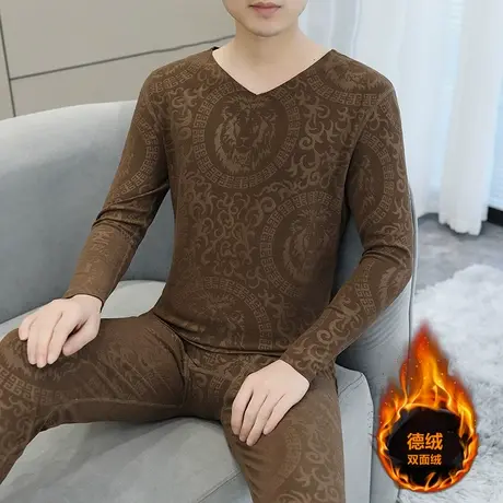 2023冬季新款男士双面德绒无痕保暖内衣套装中领V领秋衣秋裤睡衣图片