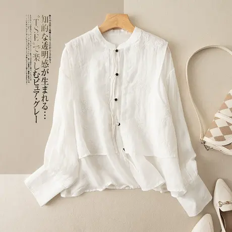 享永子假两件苎麻衬衫女文艺复古宽松显瘦百搭休闲上衣2024秋新款商品大图
