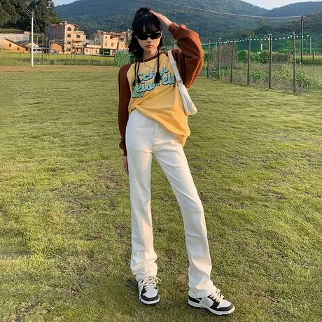 白色高腰薄绒直筒牛仔裤女秋冬季2023年新款显瘦窄版阔腿烟管裤子商品大图