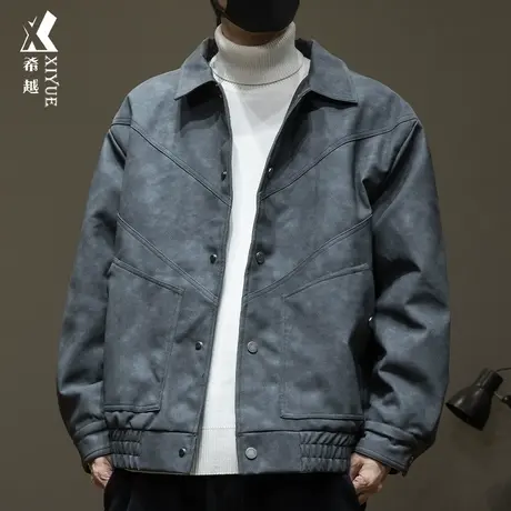 希越美式复古PU皮衣男2023冬季新款潮牌宽松大码男士翻领衬衫夹克商品大图