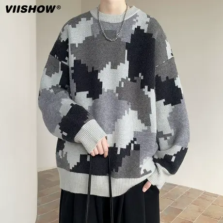 VIISHOW秋冬新款加厚毛衣男生宽松圆领菱形撞色格子ins套头针织衫商品大图