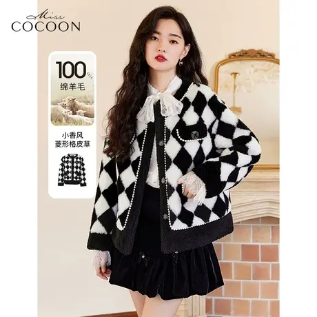 missCOCOON格子小香风外套女2022新款冬季时尚气质宽松皮草短外套图片
