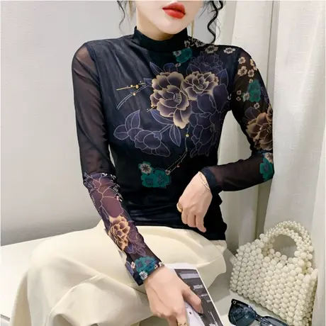 半高领打底衫女内搭秋冬新款复古印花上衣修身显瘦网纱长袖T恤潮商品大图