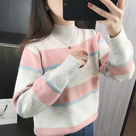 条纹毛衣女士秋冬季2023新款半高领套头针织衫宽松打底衫洋气上衣商品大图