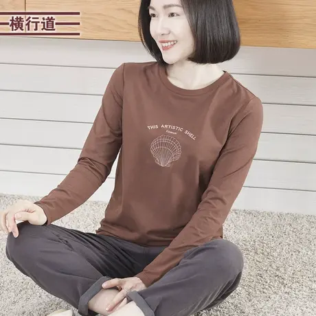 2025春季新款简约纯色圆领绣花宽松长袖T恤女大码休闲打底衫上衣商品大图