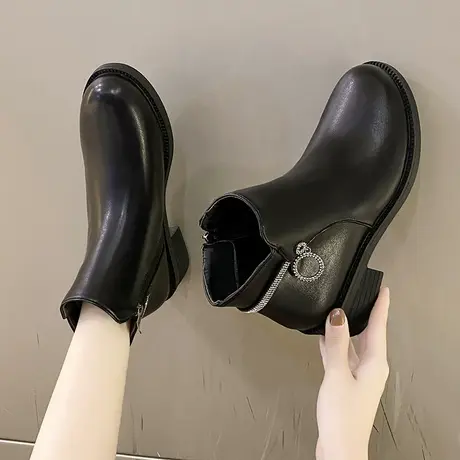 短靴女2023新款秋冬季加绒妈妈鞋粗跟皮鞋时尚百搭瘦瘦靴子女棉鞋图片