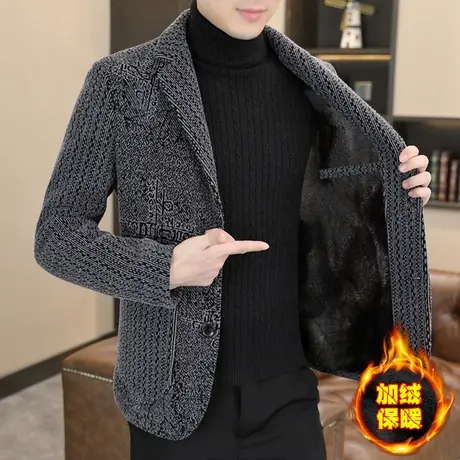 男士高级感加绒加厚毛呢西装冬季潮牌痞帅青年金貂绒呢子西服外套商品大图