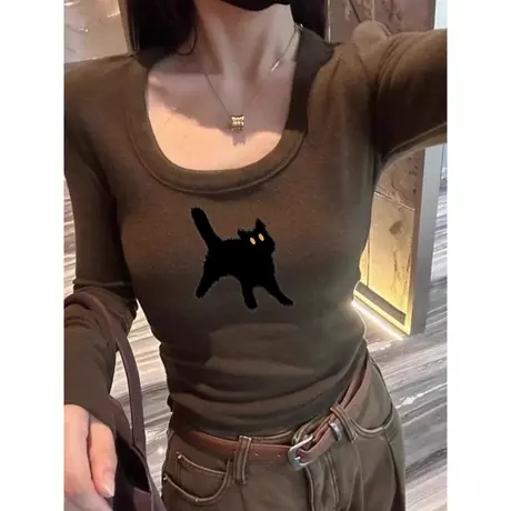辣妹纯欲风长袖T恤女冬季德绒保暖内搭打底衫修身猫咪印花上衣潮商品大图