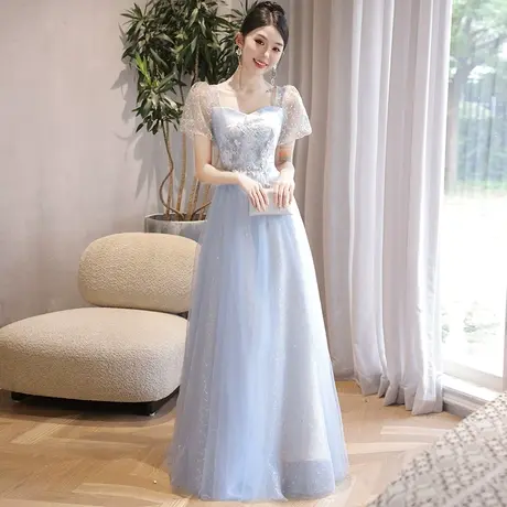 晚礼服女蓝色泡泡袖宴会高级感大气演出播音主持人艺考连衣裙仙气图片