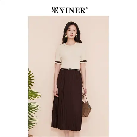 YINER音儿线上专选女装2023夏季轻甜钉珠圆领压褶针织连衣裙商品大图