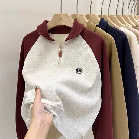 酒红色卫衣女早春秋装薄款插肩长袖韩版宽松百搭半拉链上衣外套潮图片