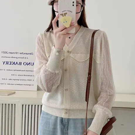 蕾丝袖拼接2024春季新款显瘦内搭针织打底衫洋气薄款女装上衣洋气图片