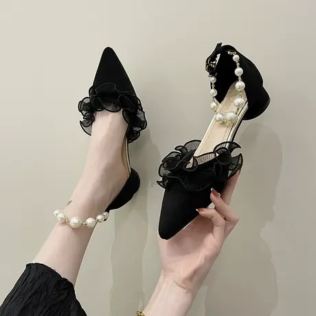 包头凉鞋女仙女风2024年新款夏季遮脚趾花边珍珠晚风温柔单鞋中跟商品大图